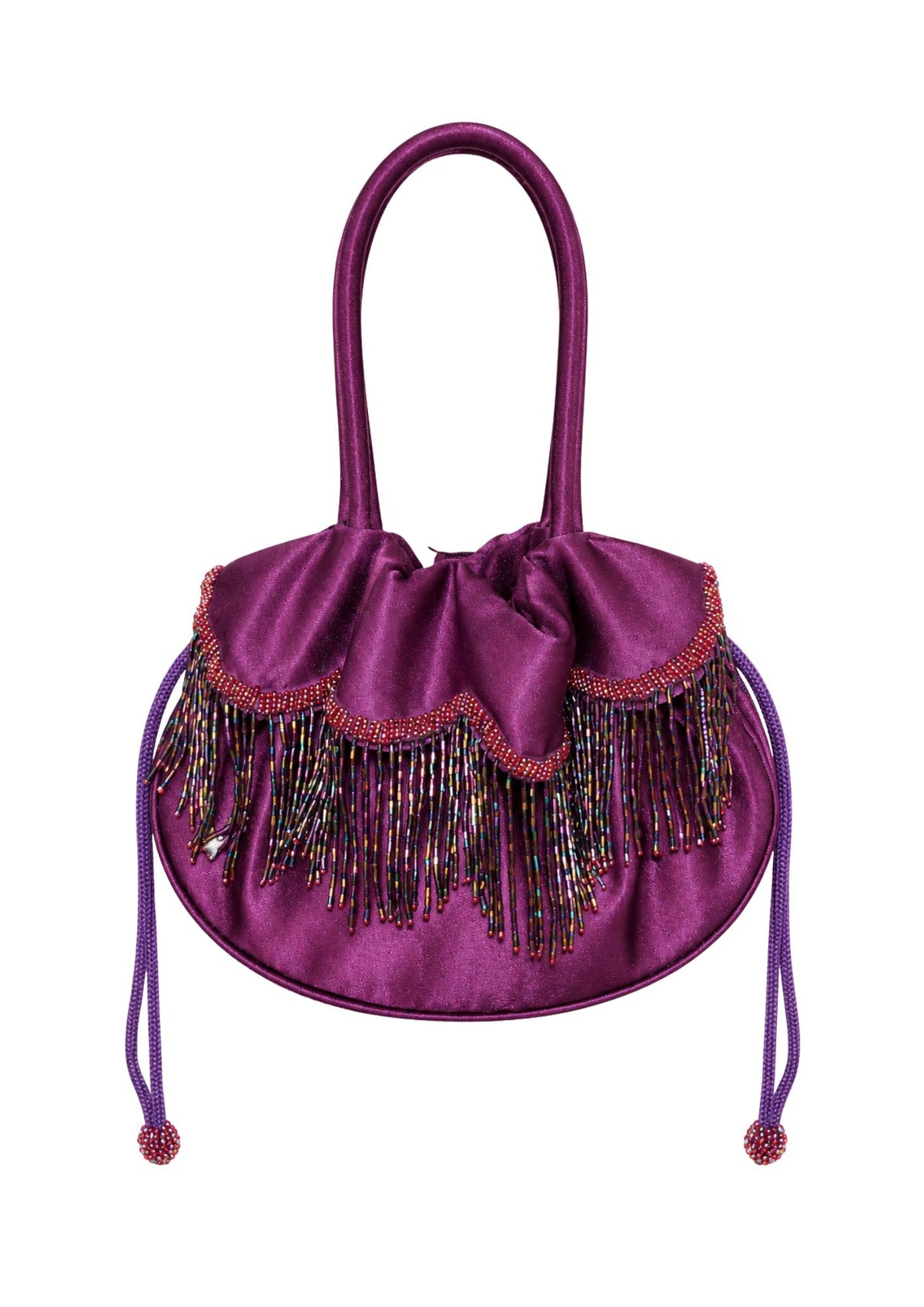 Bolso Vintage tipo Bombonera morada Satinada Flecos