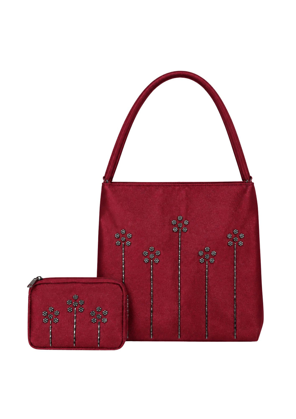Bolsa vintage castanha estilo saco com flores vermelhas bordadas