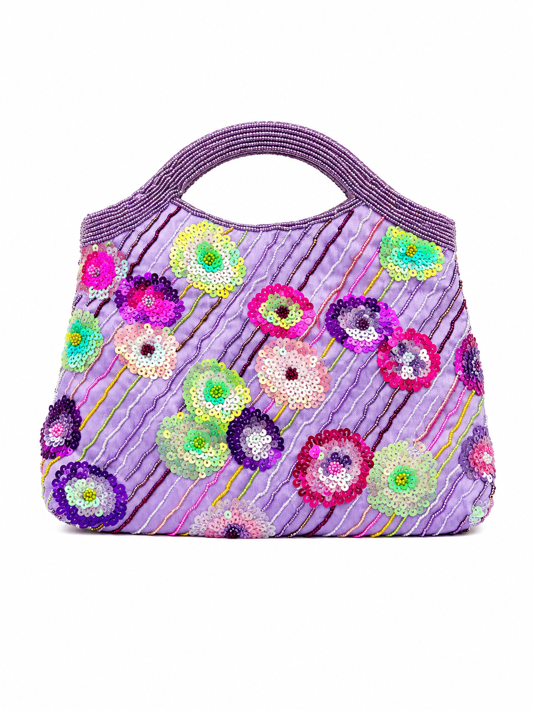 Bolso vintage morado lila tipo saco con flores de lentejuelas en fucsia, rosa y verde