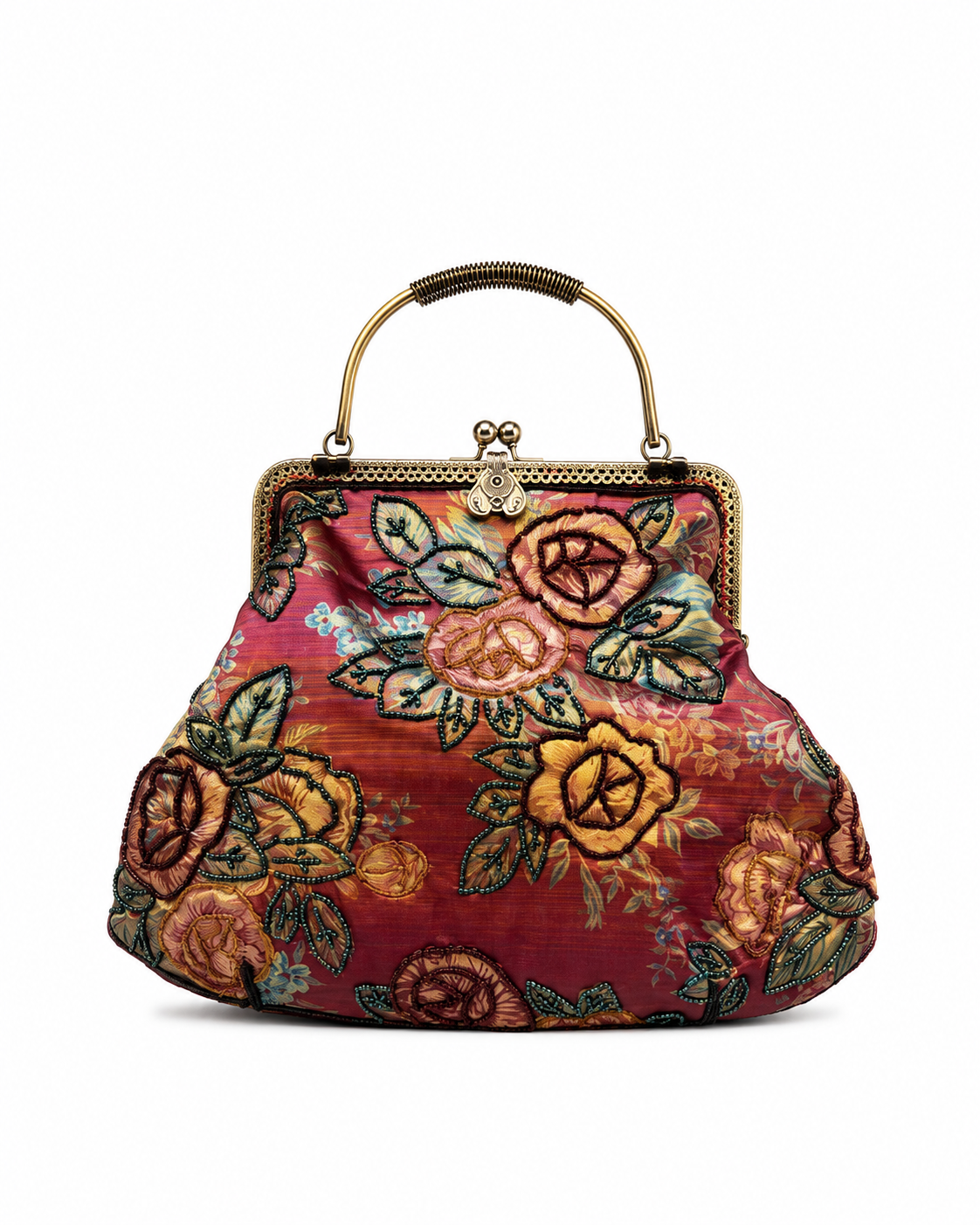 Bolso vintage tipo bombonera rosa con flores bordadas
