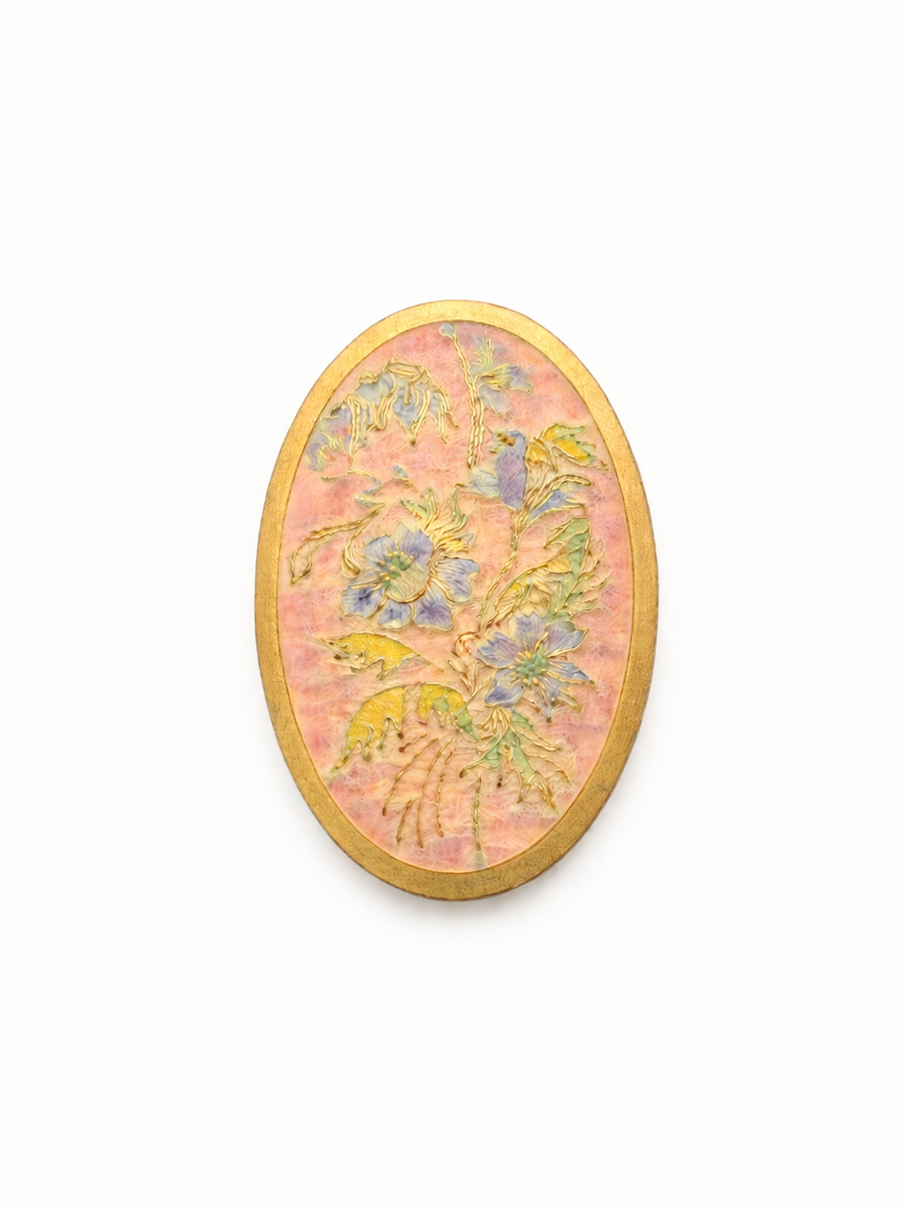 Broche vintage francés tipo cloisonné rosa con hortensias azules