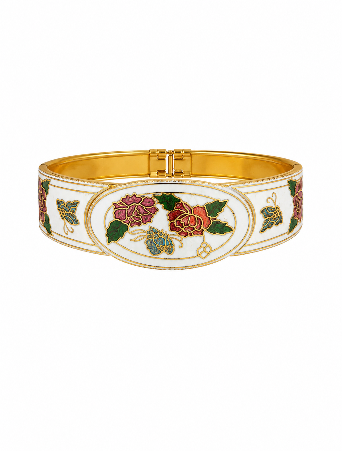 Pulsera vintage de cloisonné blanca con flores rojas