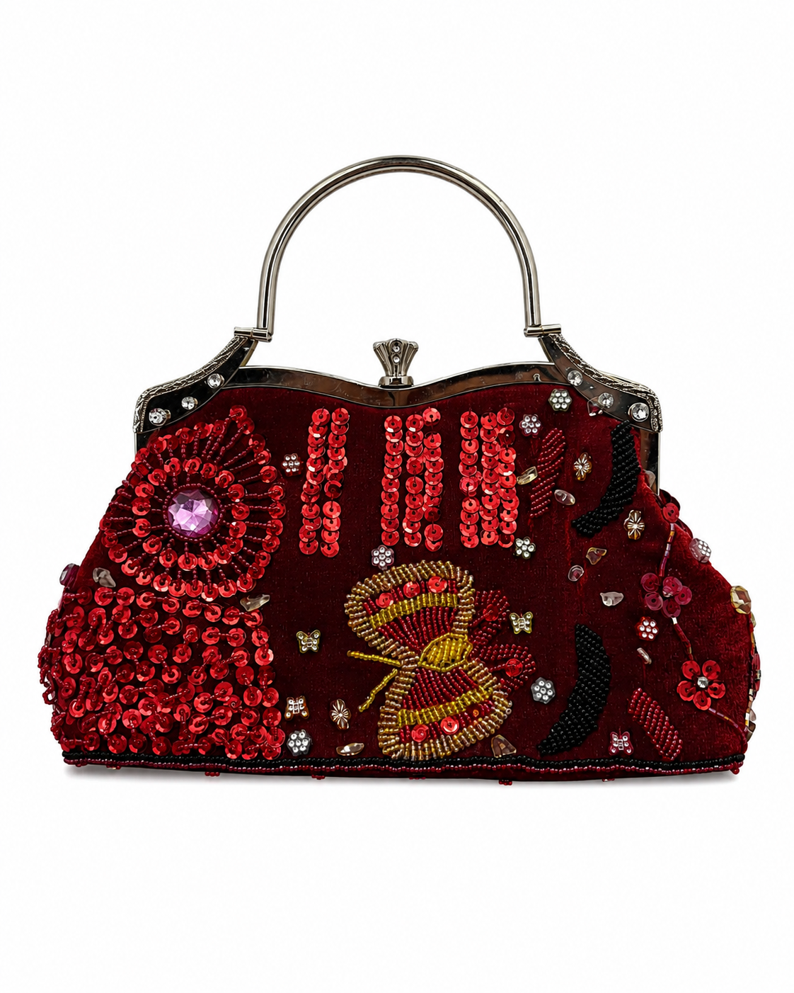 Bolsa vintage vermelha estilo saco, com flores coloridas e borboletas bordadas com missangas.