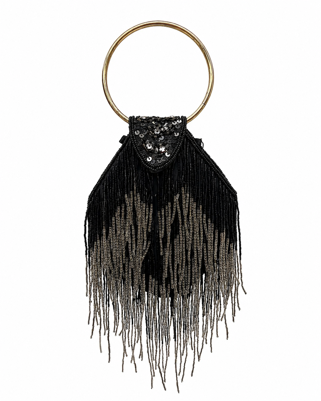 Bolso vintage negro y plata tipo saco de flecos con asa metálica