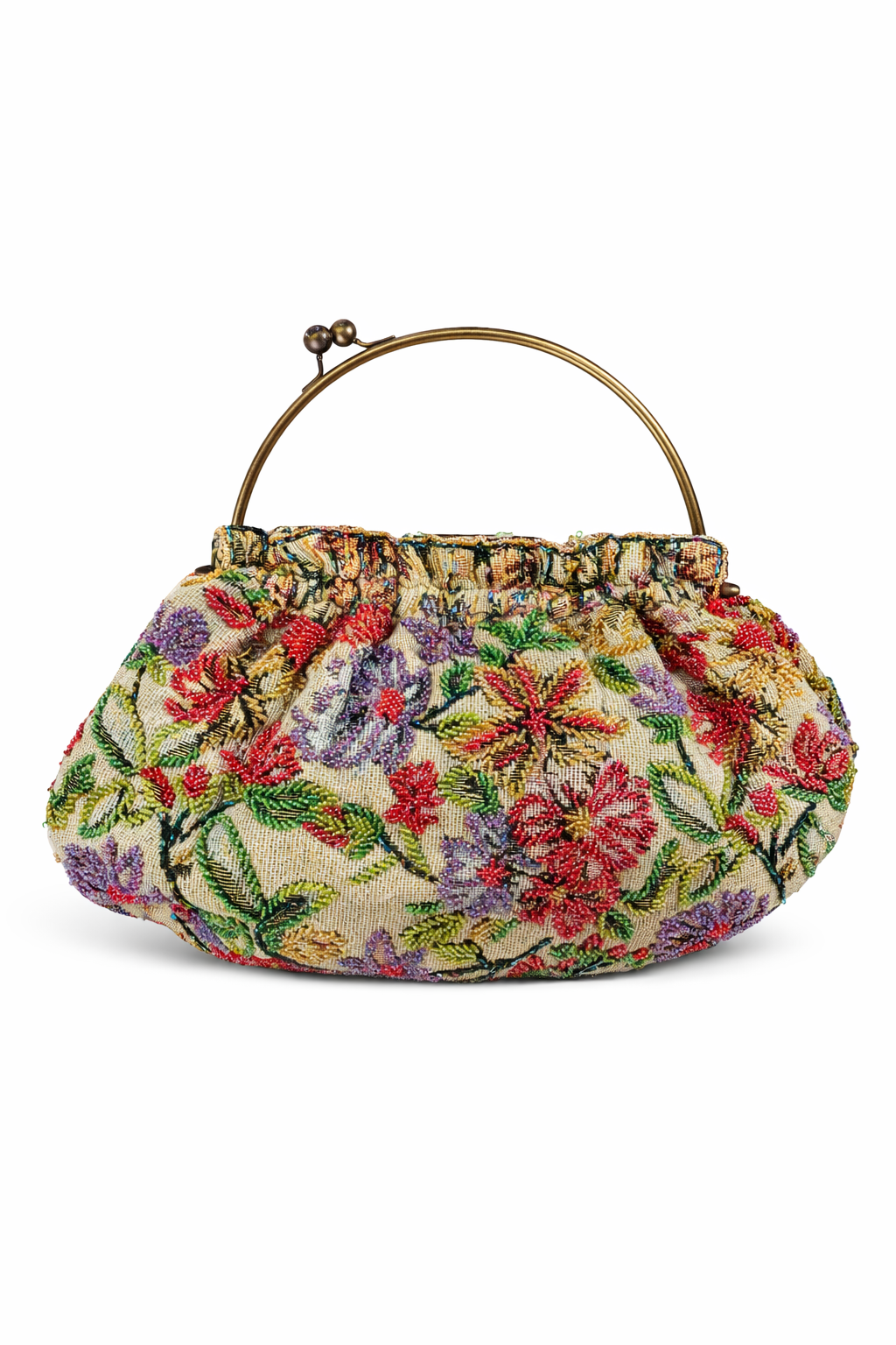 Bolso vintage bombonera grande tapizada con bordados de cuentas de flores y helechos en rojo, verde y morado