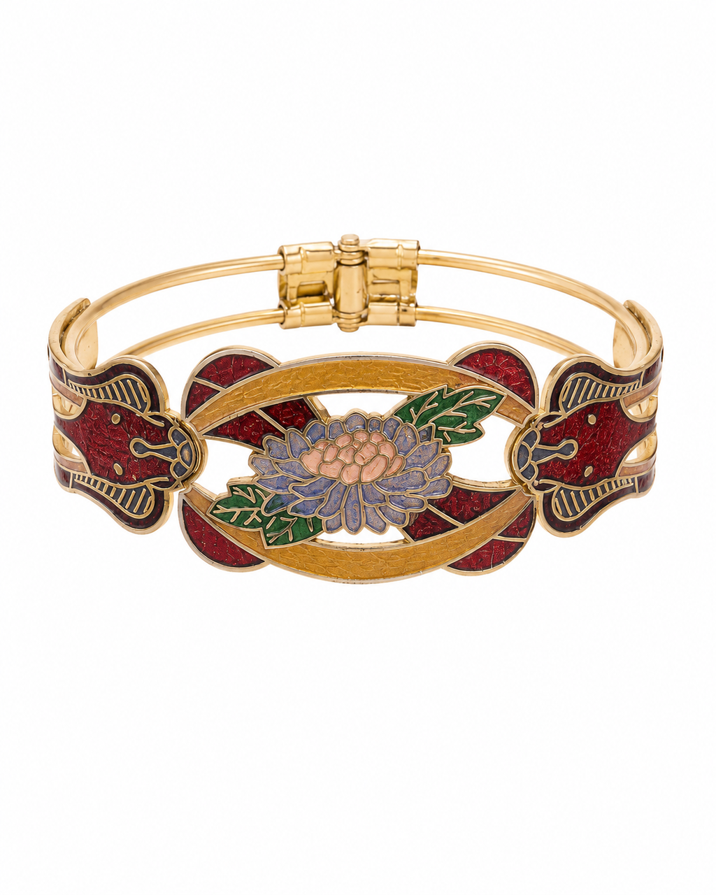 Pulsera vintage de cloisonné de flores granate, verde y mostaza