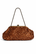 Bolsa vintage castanha estilo saco com flores vermelhas bordadas