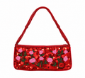 Bolsa vintage castanha estilo saco com flores vermelhas bordadas