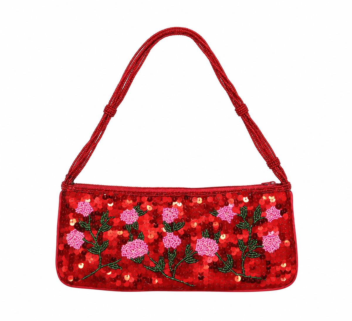 Bolsa vintage castanha estilo saco com flores vermelhas bordadas