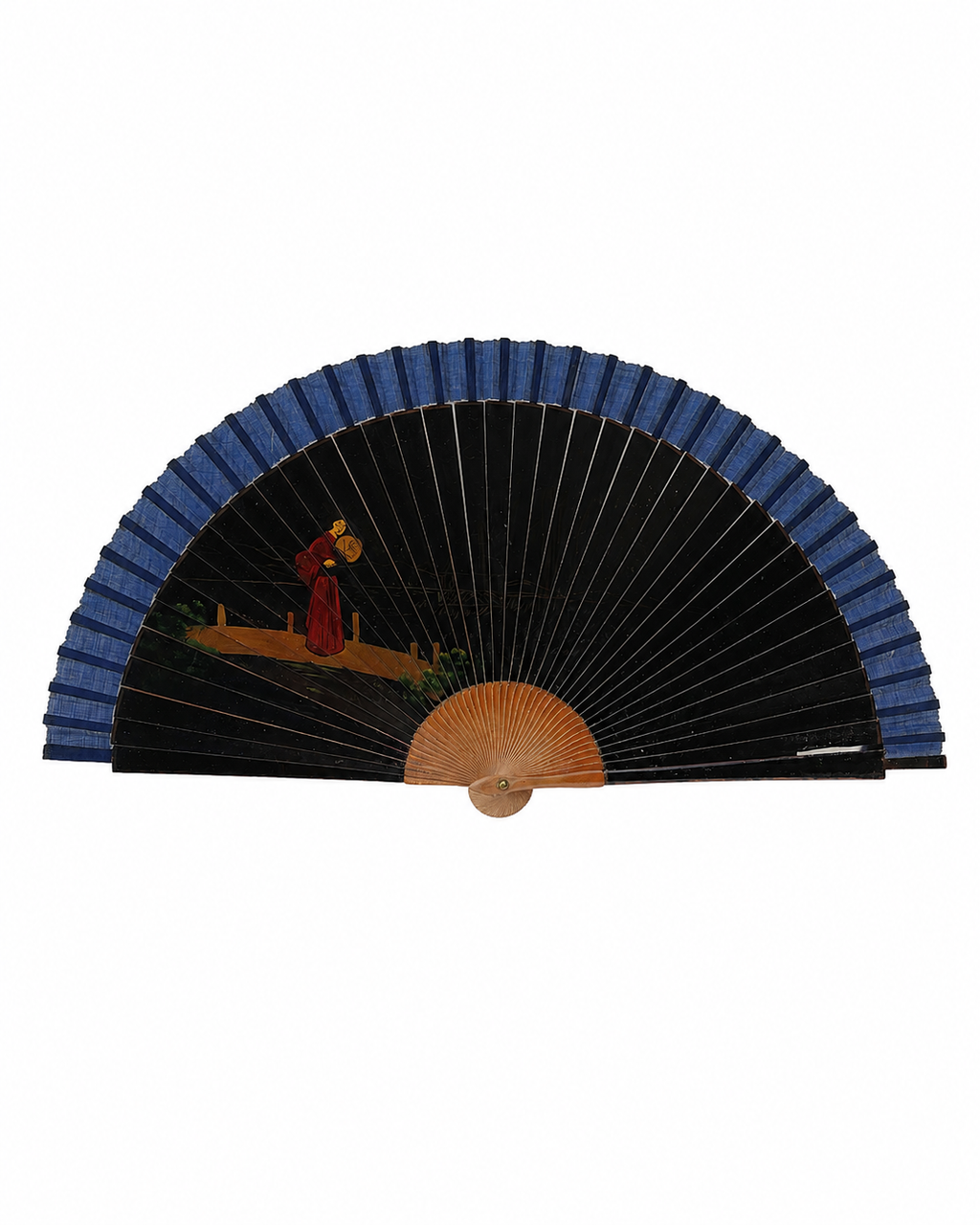 Abanico vintage español negro de madera con motivos asiáticos