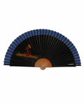 Abanico vintage español negro de madera con motivos asiáticos