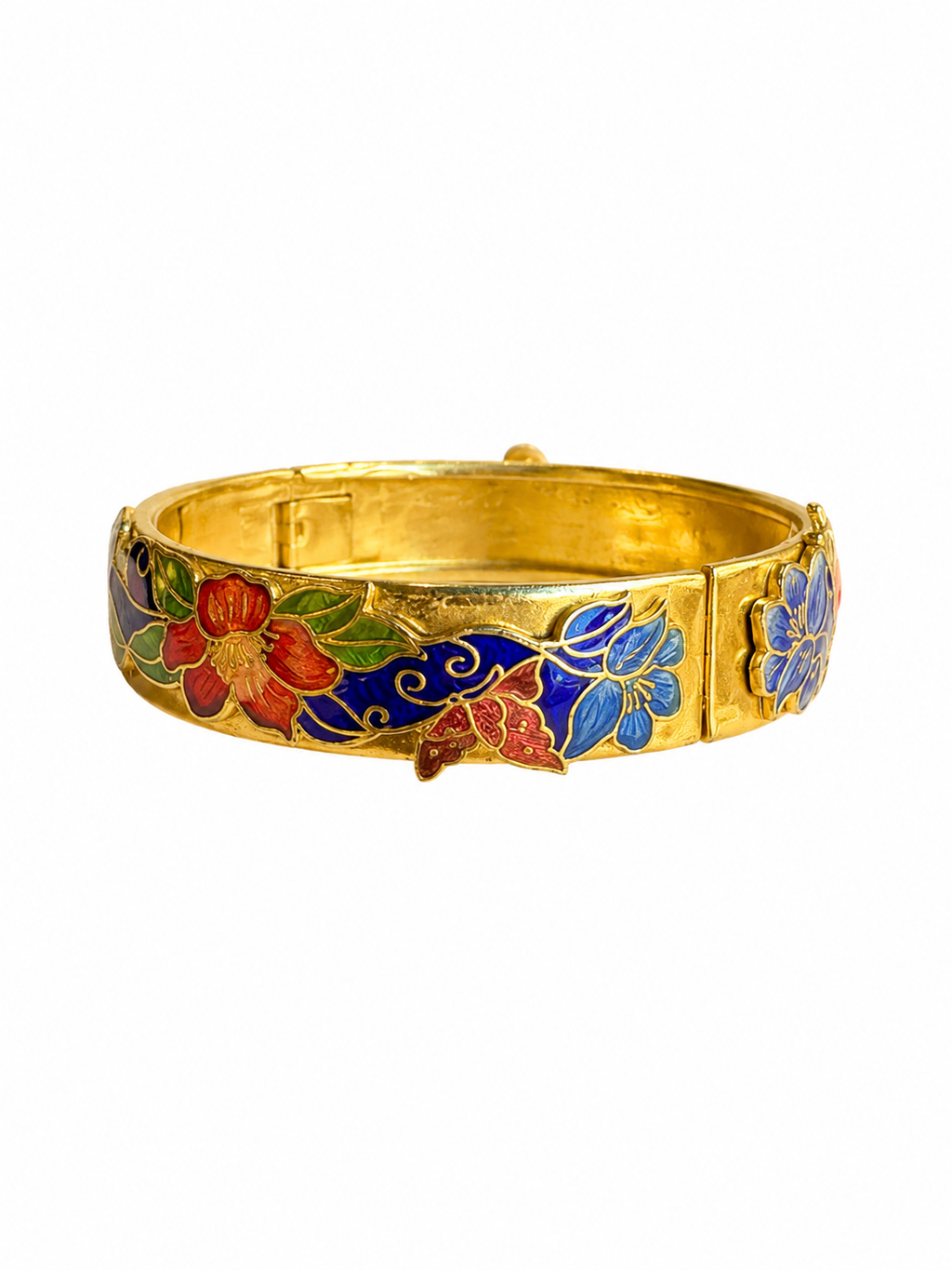 Pulsera vintage de cloisonné dorada con flores