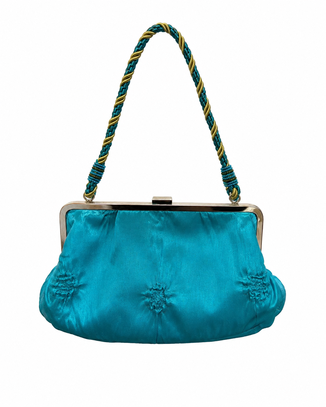 Bolso vintage azul turquesa tipo clutch con asa de cordón
