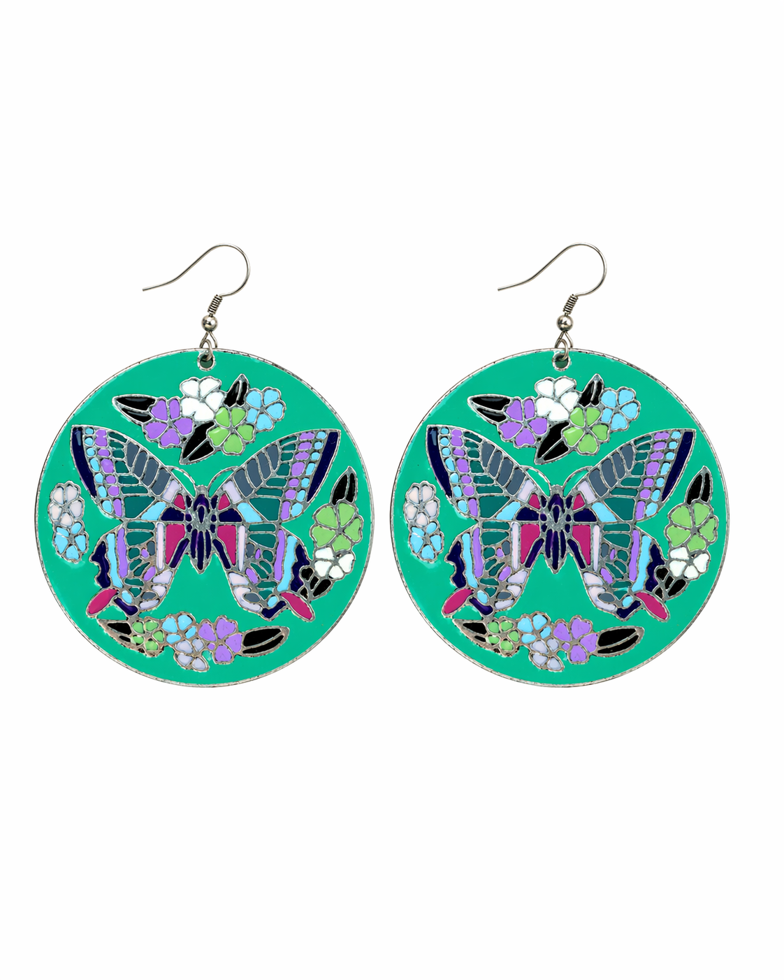 Pendientes vintage de cloisonné colgantes de mariposas en esmalte azul turquesa, rosa y morado