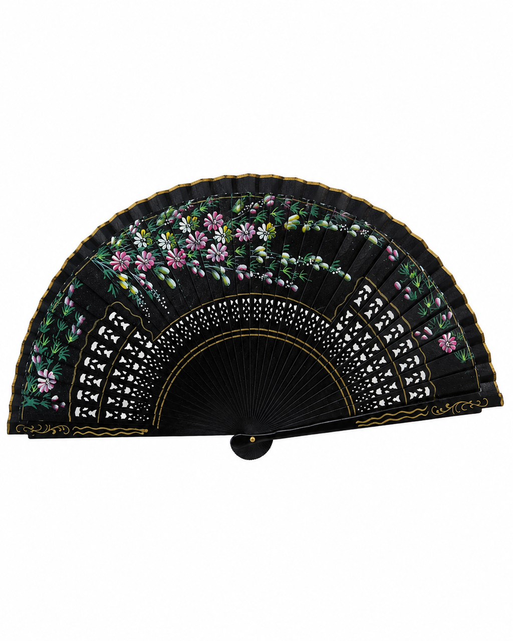 Abanico vintage español negro de madera lacada con motivos florales pintados a mano en rosa y verde 23 cm