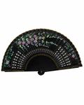 Abanico vintage español negro de madera lacada con motivos florales pintados a mano en rosa y verde 23 cm