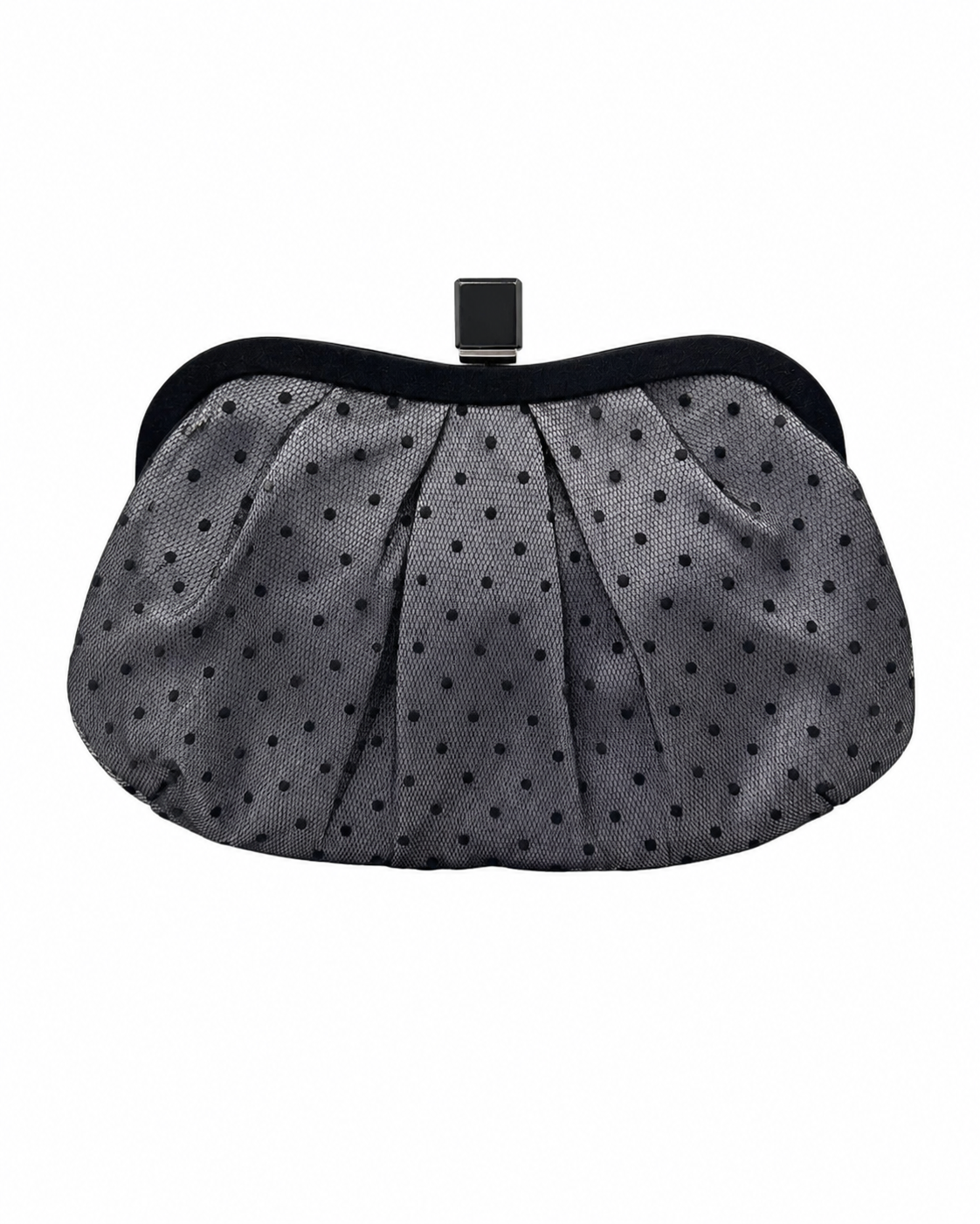 Bolsa de mão vintage em tecido cinzento com bolinhas pretas.