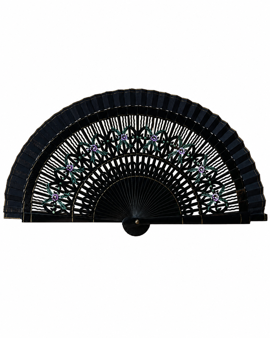 Abanico vintage español negro de madera lacada con motivos florales pintados a mano en rosa y verde 19 cm