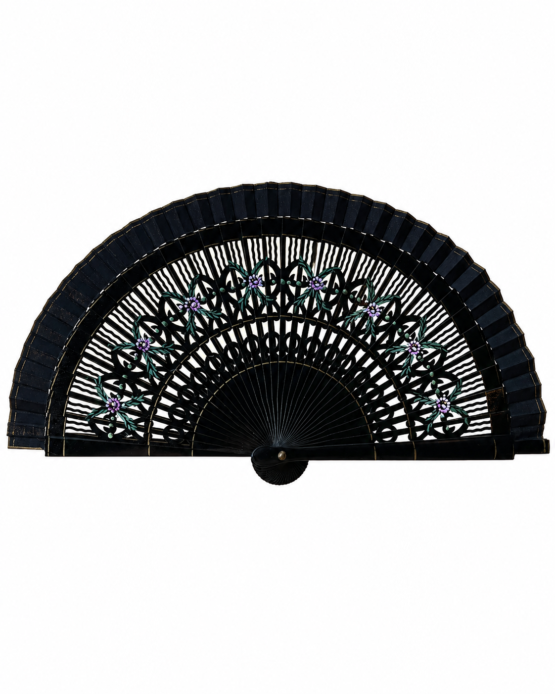 Abanico vintage español negro de madera lacada con motivos florales pintados a mano en rosa y verde 19 cm