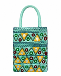 Bolso vintage turquesa tipo saquito étnico con espejos y bordados tribales