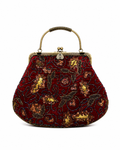 Bolso vintage tipo bombonera granate con flores bordadas en ocre, dorado y rosados