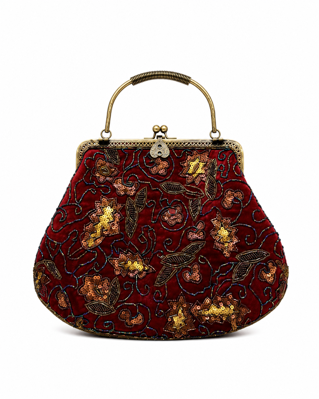 Bolso vintage tipo bombonera granate con flores bordadas en ocre, dorado y rosados