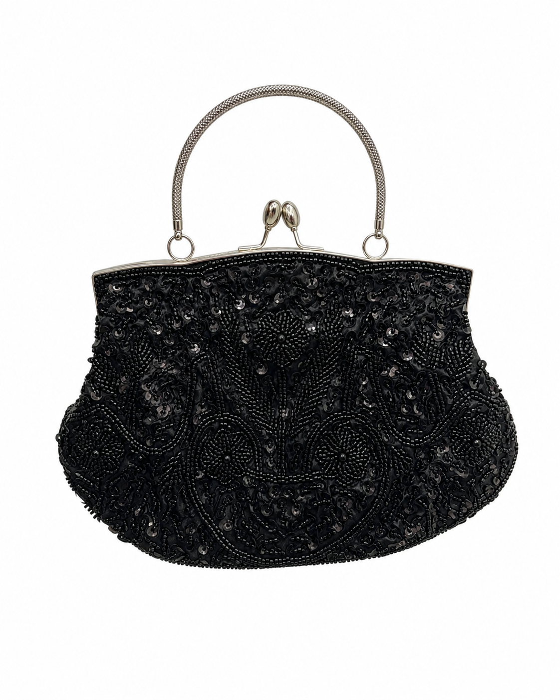 Bolso vintage negro tipo clutch bordado con asa metálica