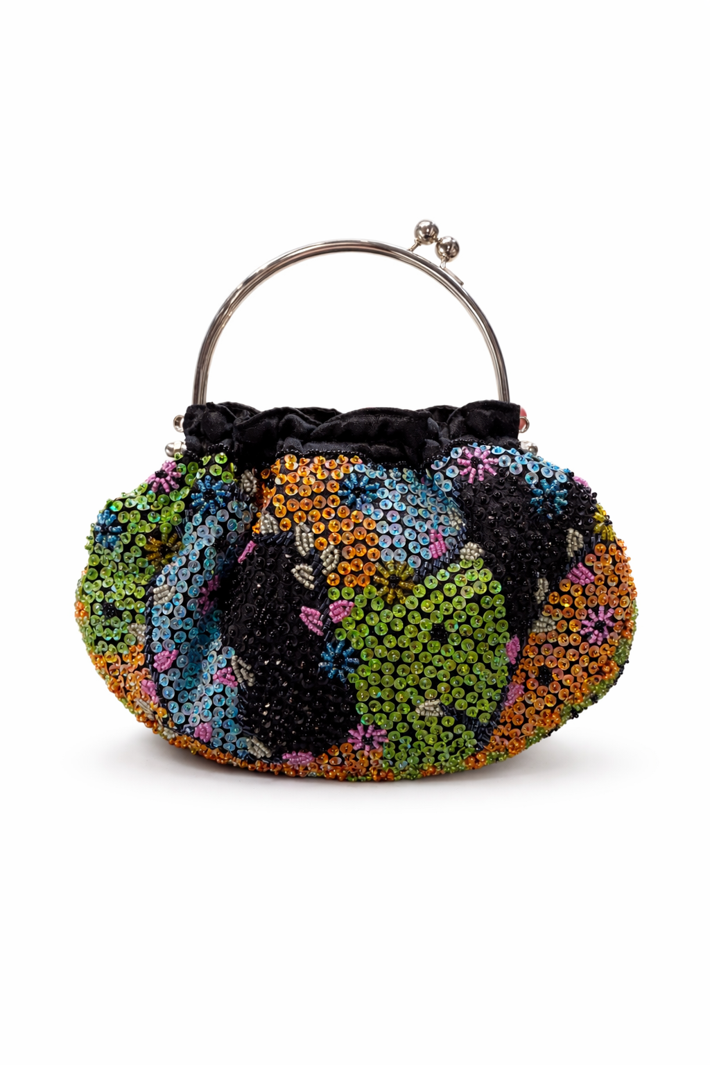 Bolsa vintage castanha estilo saco com flores vermelhas bordadas