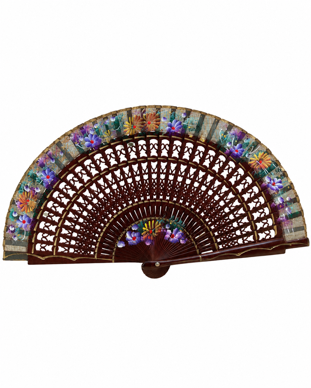 Abanico vintage español marrón con motivos florales pintados a mano en morado, verde y ocre 19 cm