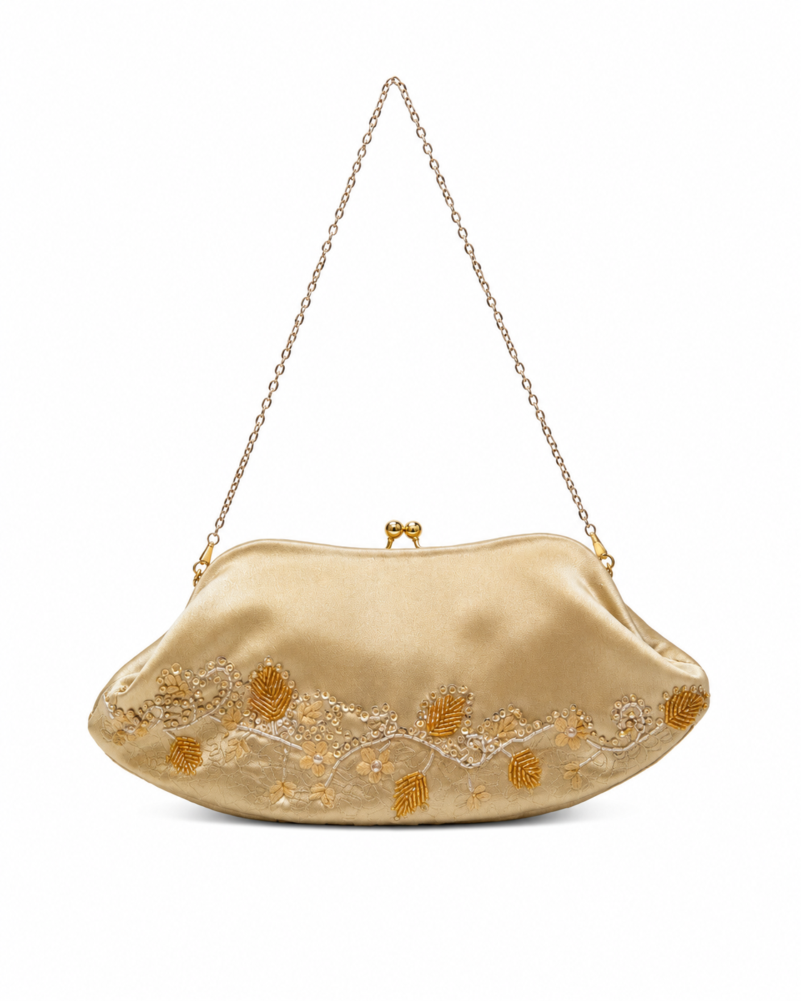 Bolso vintage crudo tipo clutch con helecho floral bordado a hilo y cuentas en ámbar y beige