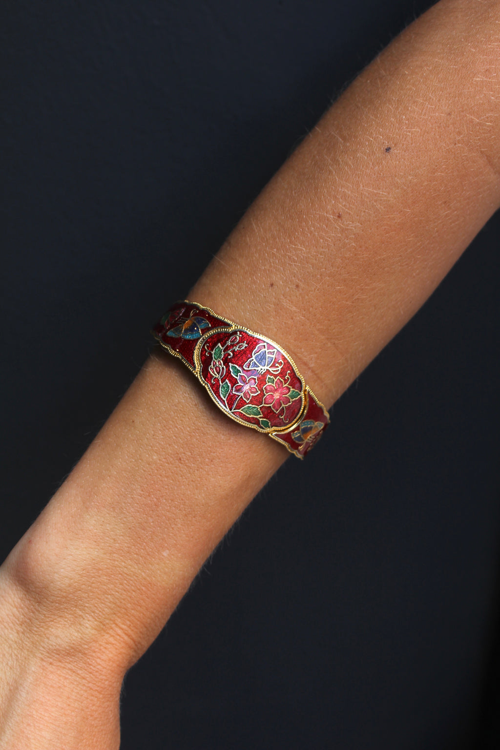 Pulsera vintage de cloisonné flores rojas