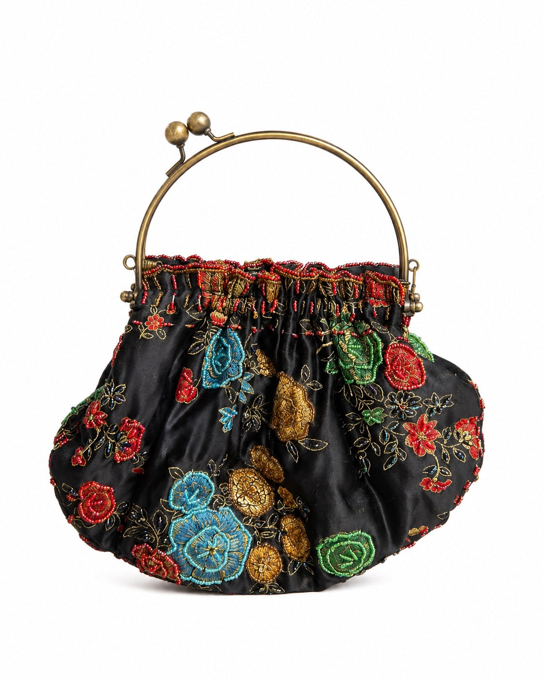 Bolsa vintage castanha estilo saco com flores vermelhas bordadas