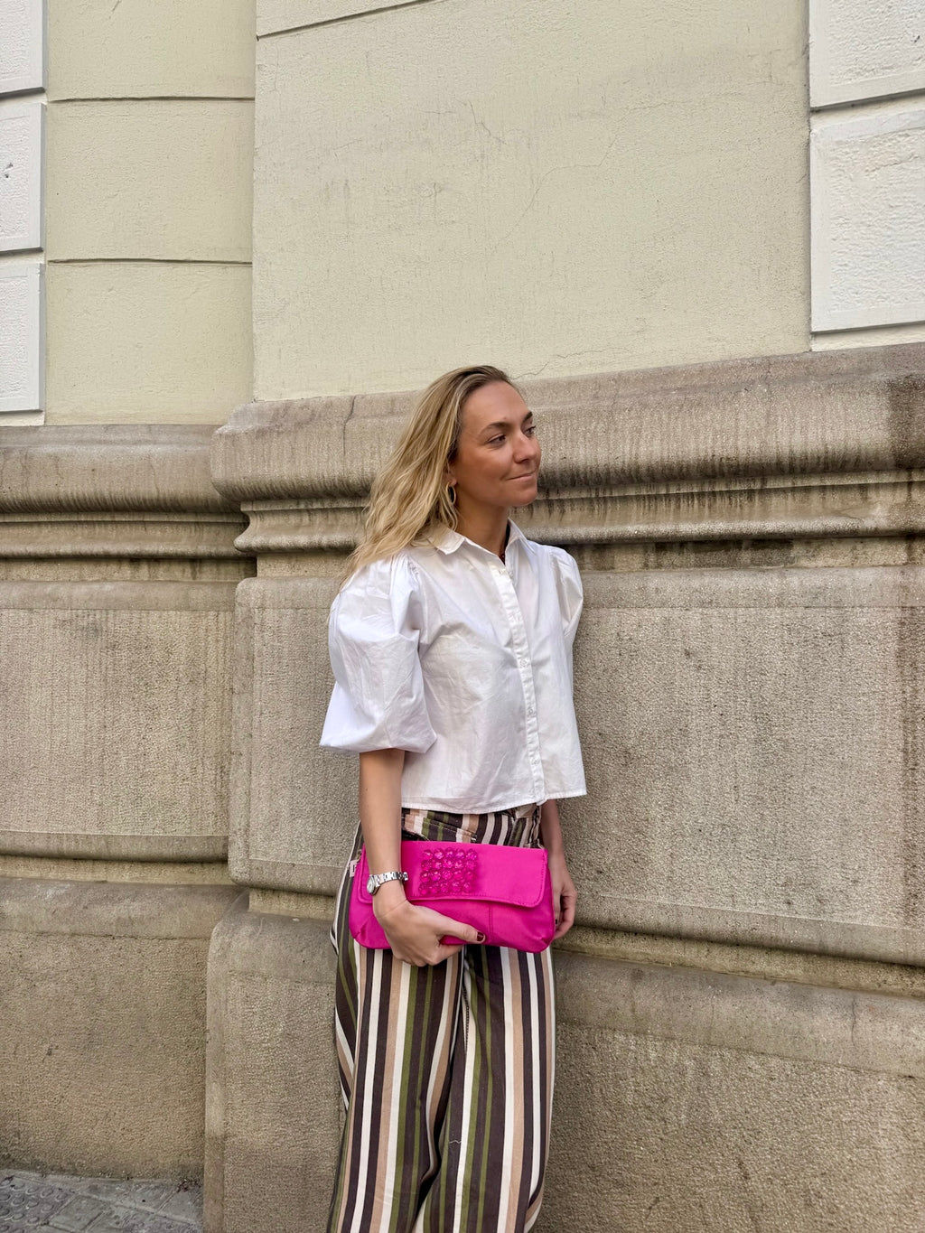 Bolso vintage rosa fucsia tipo cartera de mano con cuentas de bolas