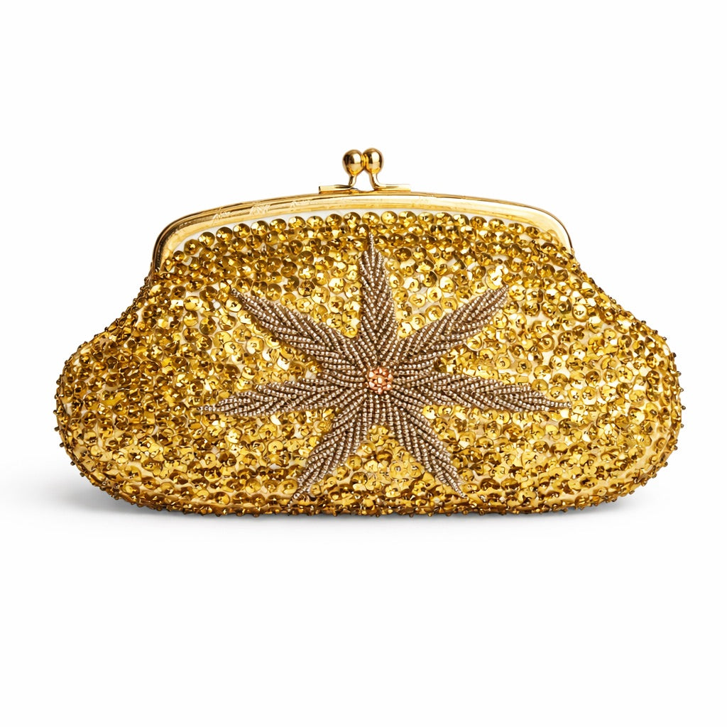 Bolsa vintage castanha estilo saco com flores vermelhas bordadas