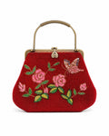 Bolsa vintage castanha estilo saco com flores vermelhas bordadas