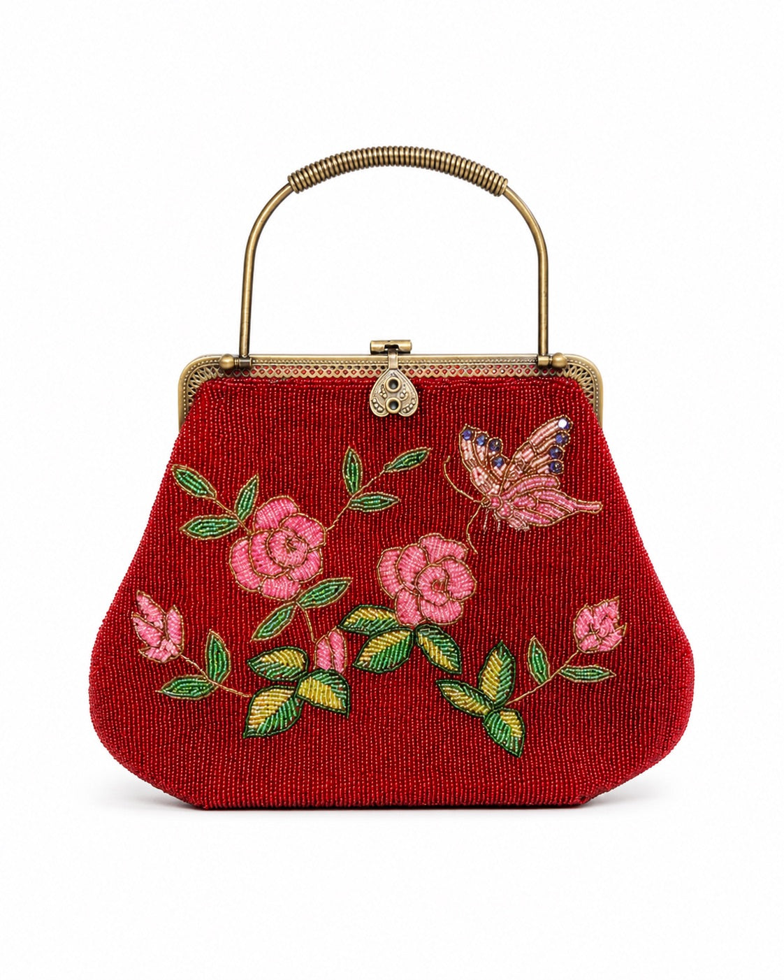 Bolsa vintage castanha estilo saco com flores vermelhas bordadas
