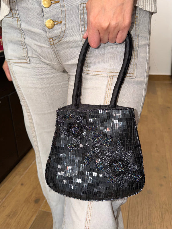 Bolso Vintage Lentejuelas Flores Negro con asa
